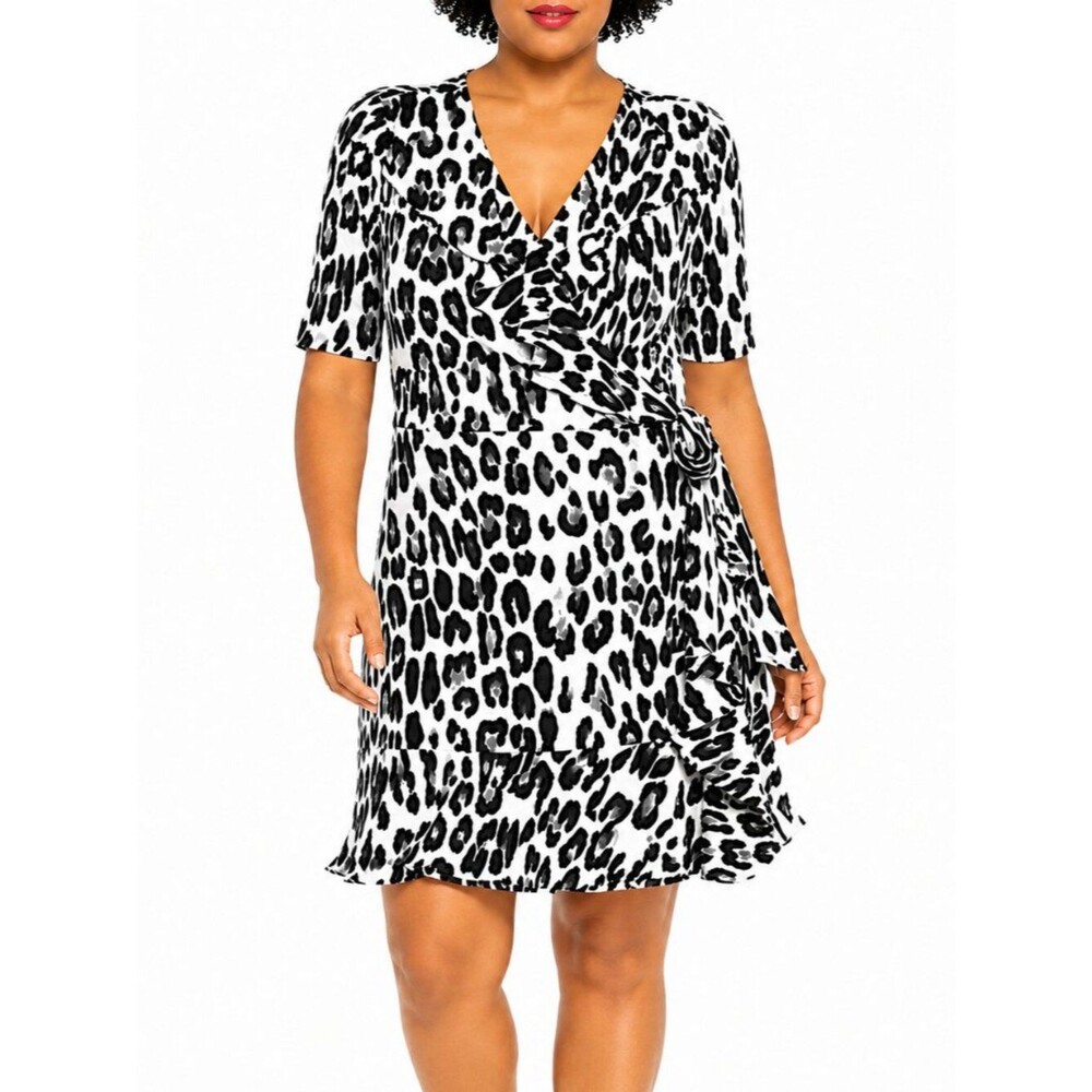 The Limited Black White Leopard Print Faux Wrap Ruffle Dress 3X NWT